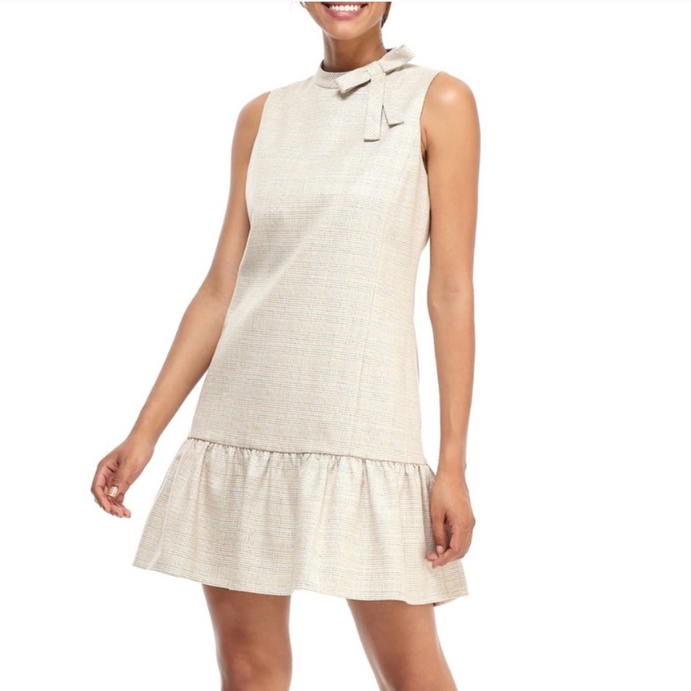 Gal Meets Glam Cream Tweed Bow-Neck Sleeveless Mini Dress